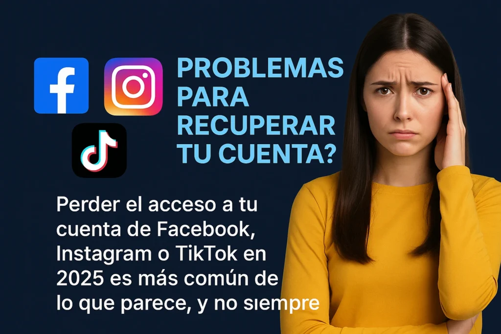 Chica preocupada por no poder recuperar su cuenta de Facebook, Instagram o TikTok en 2025