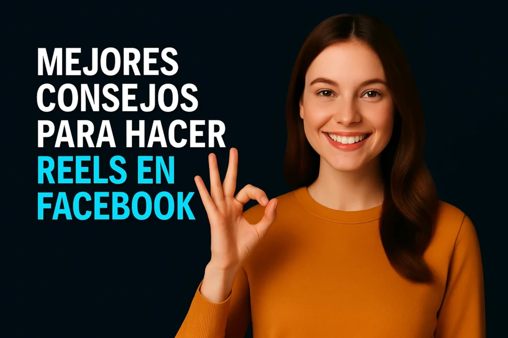 Mujer joven haciendo un gesto positivo mientras promociona consejos para crear Reels en Facebook, sobre fondo oscuro