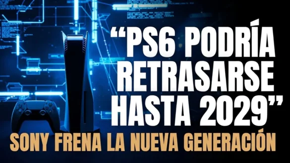 Portada futurista con silueta de consola y mando sobre fondo azul tecnológico con el titular “PS6 podría retrasarse hasta 2029” y subtítulo “Sony frena la nueva generación”.