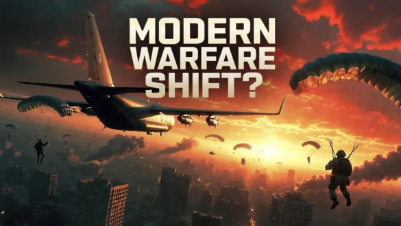 Avión militar lanzando soldados en paracaídas sobre una ciudad en llamas, ilustración conceptual sobre el posible cambio en el modelo anual de Call of Duty.