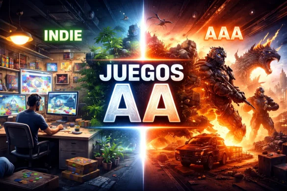 Ilustración comparativa que muestra juegos indie y AAA a ambos lados y en el centro el concepto de juegos AA como punto intermedio en la industria del videojuego.