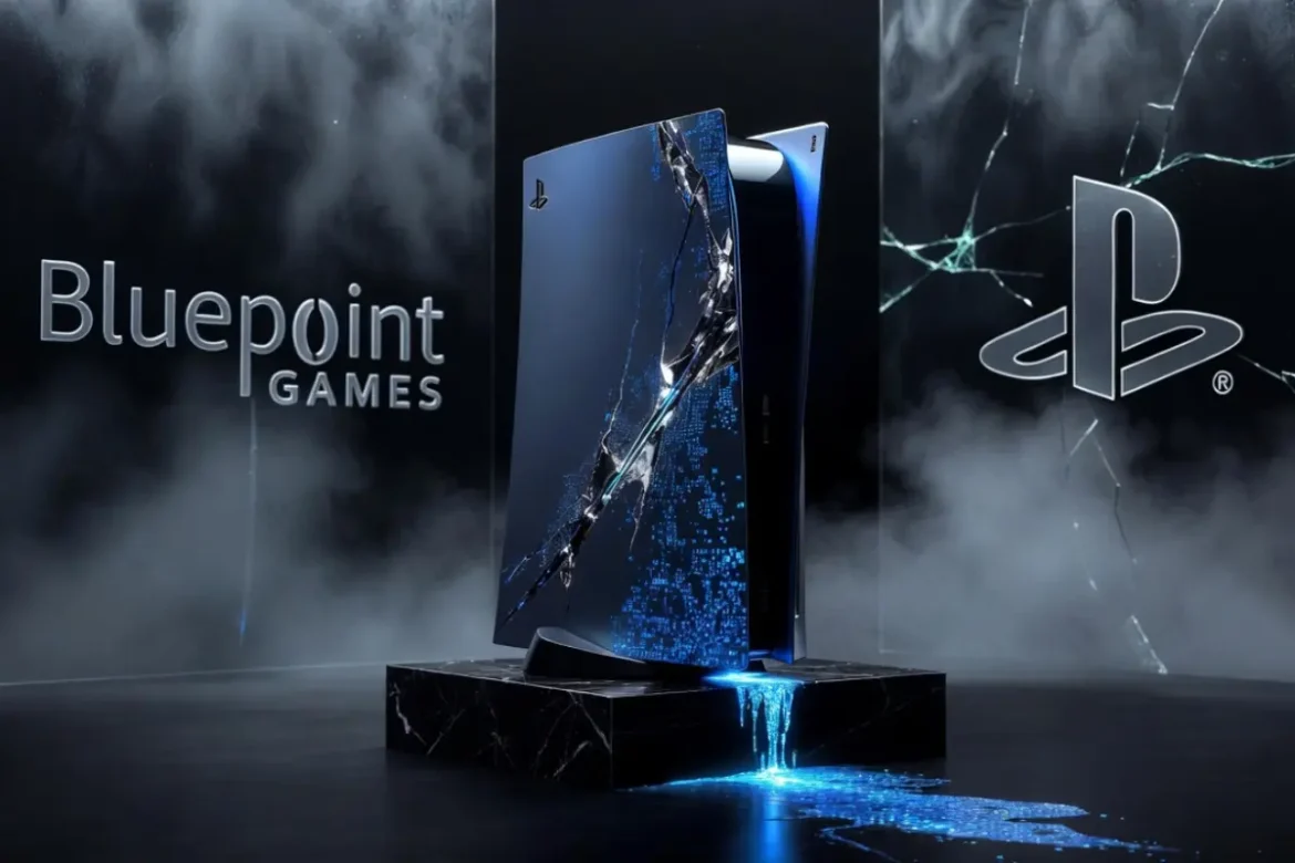 Consola PS5 con diseño fracturado y fugas de datos digitales azules, flanqueada por los logotipos de Bluepoint Games y PlayStation en un entorno oscuro y con humo.