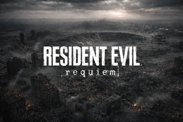 Imagen promocional de Resident Evil Requiem con una ciudad devastada y el título del juego sobre un paisaje apocalíptico